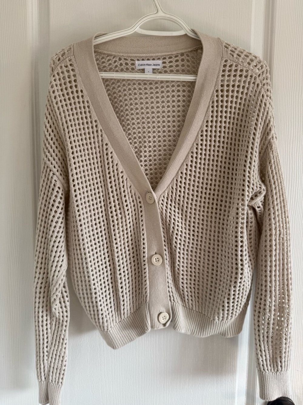 Calvin Klein Jeans Beige Open-Weave Button Cardigan